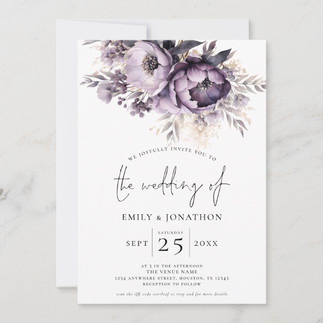 Elegant Purple Florals 3 Photos QR Code Wedding Invitation (Front)