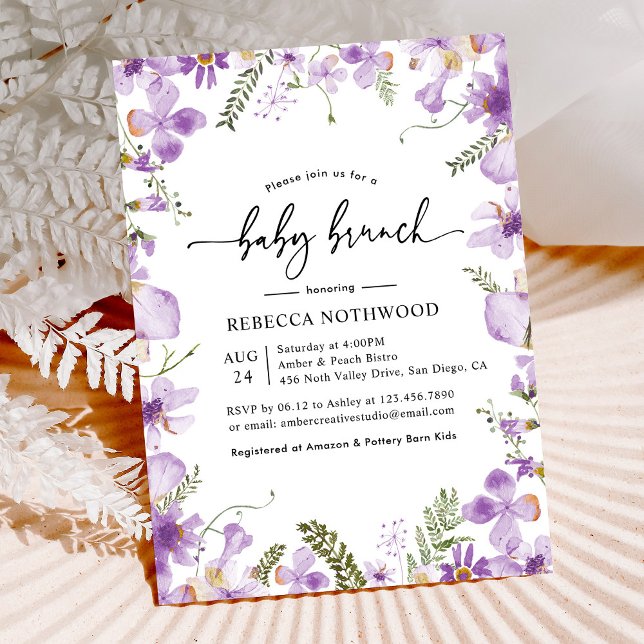 Elegant Purple Florals Girl Baby Brunch Invitation (Creator Uploaded)