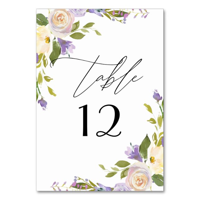 Elegant Purple Florals Watercolor Calligraphy Table Number (Front)