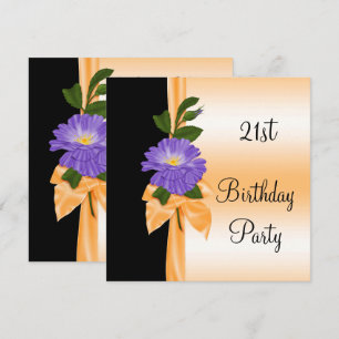 Elegant Purple Flower & Orange Ribbon 21st Invitation