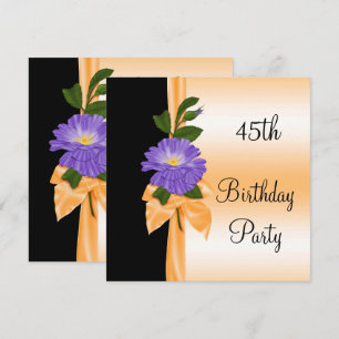 Elegant Purple Flower & Orange Ribbon 45th Invitation
