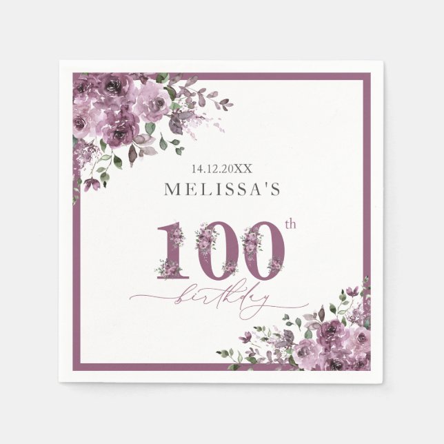 Elegant Purple Flowers 100th Birthday Party Napkin (Front)