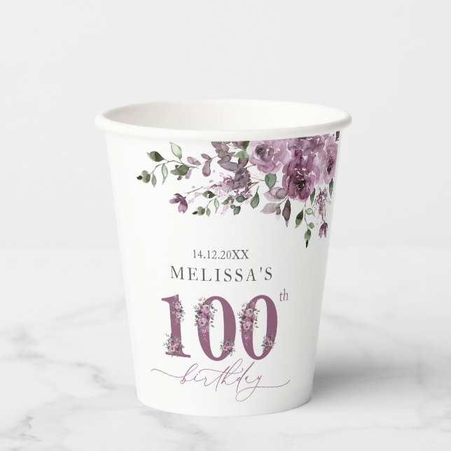 Elegant Purple Flowers 100th Birthday Party Paper Cups (Front)
