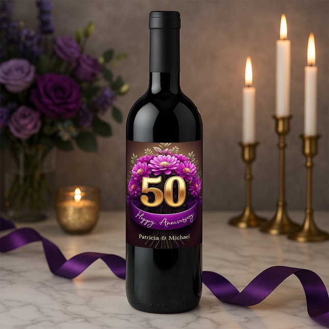 Elegant Purple Flowers 50th Wedding Anniversary Wine Label (Creator Uploaded)