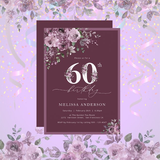 Elegant Purple Flowers 60th Birthday Party Invitation (Creator Uploaded)