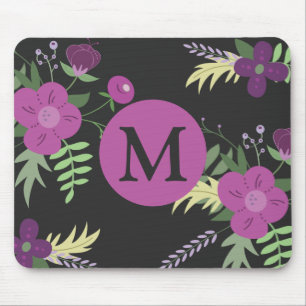 Elegant Purple Flowers Art on Black Monogram Mouse Pad