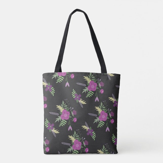 Elegant Purple Flowers Art on Black Tote Bag (Back)