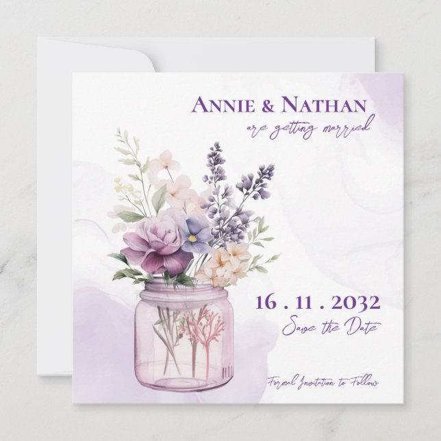 Elegant Purple Flowers In Mason Jar Floral Wedding Announcement (Front)