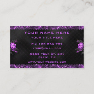 Elegant Purple Flowers Sparkly Glitter Frame Black Business Card