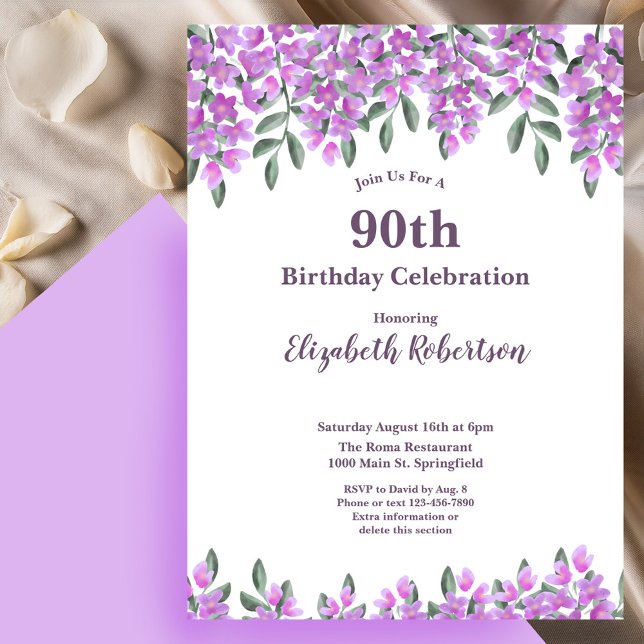 Elegant Purple Flowers Women's 90th Birthday  Invitation (Creator Uploaded)