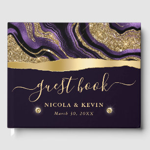 Elegant Purple Foil and Gold Glitter Agate Wedding Guest Book