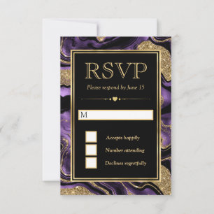 Elegant Purple Foil and Gold Glitter Agate Wedding RSVP Card