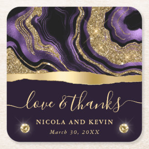 Elegant Purple Foil and Gold Glitter Agate Wedding Square Paper Coaster