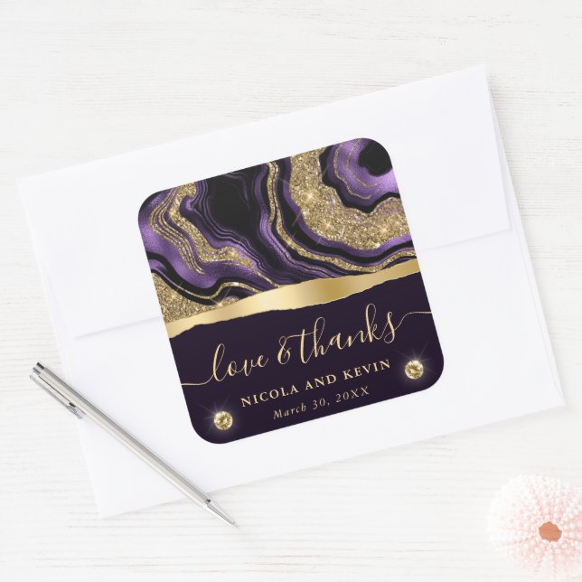 Elegant Purple Foil and Gold Glitter Agate Wedding Square Sticker (Envelope)