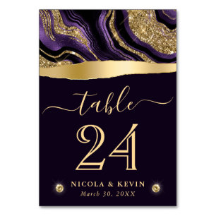 Elegant Purple Foil and Gold Glitter Agate Wedding Table Number
