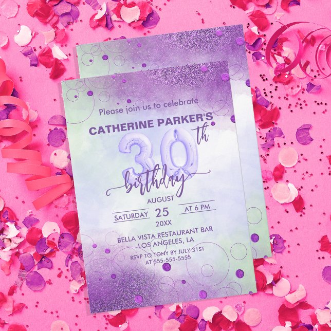 Elegant Purple Foil Balloons 30th Female Birthday Invitation (Creator Uploaded)