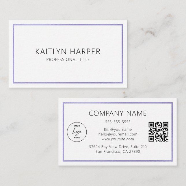 Elegant Purple Foil Frame Minimal Logo QR Code Business Card (Front/Back)