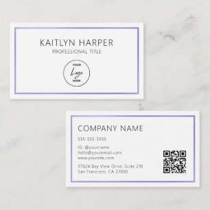 Elegant Purple Foil Frame Minimal Logo QR Code Business Card