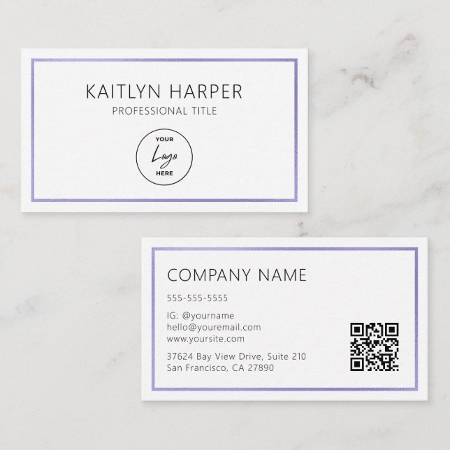 Elegant Purple Foil Frame Minimal Logo QR Code Business Card (Front/Back)