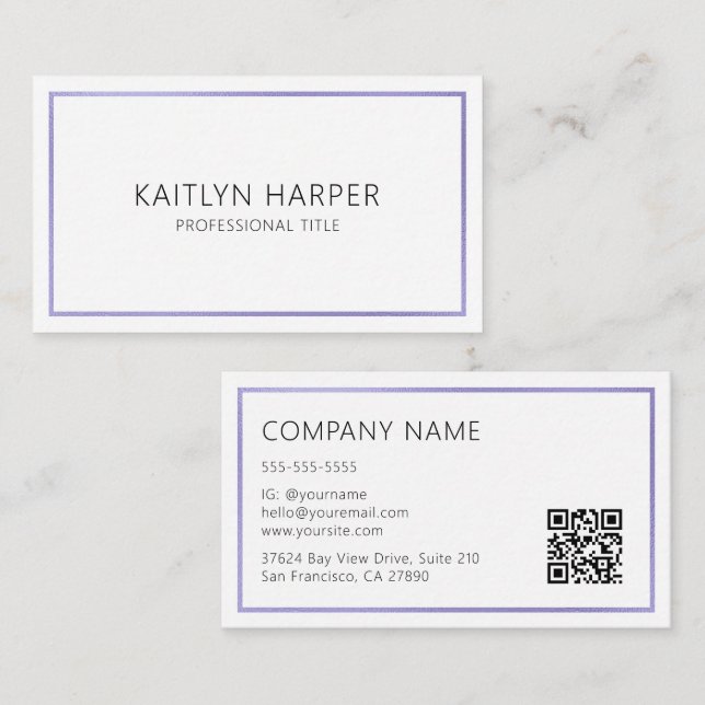 Elegant Purple Foil Frame Minimal QR Code Business Card (Front/Back)