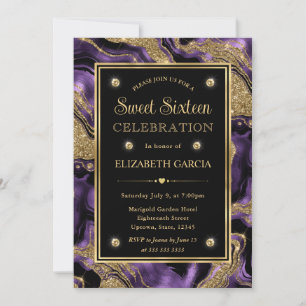 Elegant Purple Foil & Gold Glitter Agate Sweet 16 Invitation