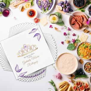 Elegant Purple Foliage and Tiara Quinceañera  Napkin