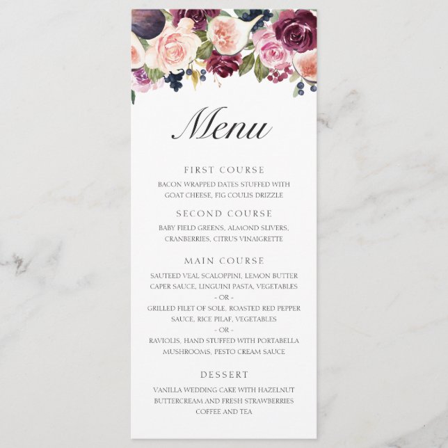 Elegant Purple Fruit Fall Floral Wedding Menu (Front)
