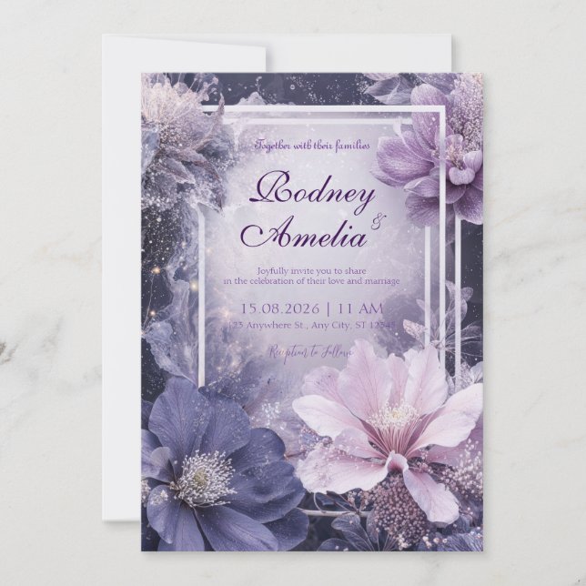 Elegant Purple Galaxy Floral Wedding Invitation (Front)