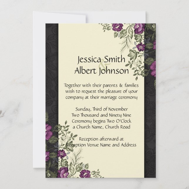 Elegant Purple Garden Floral Ivory Damask Wedding Invitation (Front)