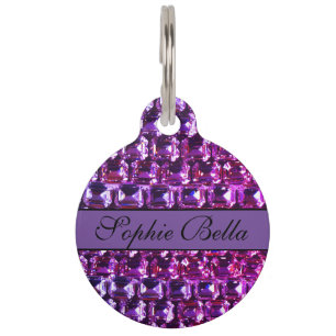Elegant purple gemstones diamonds calligraphy pet tag