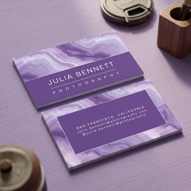 Elegant Purple Geode Business Card (Simulated business cards on table)