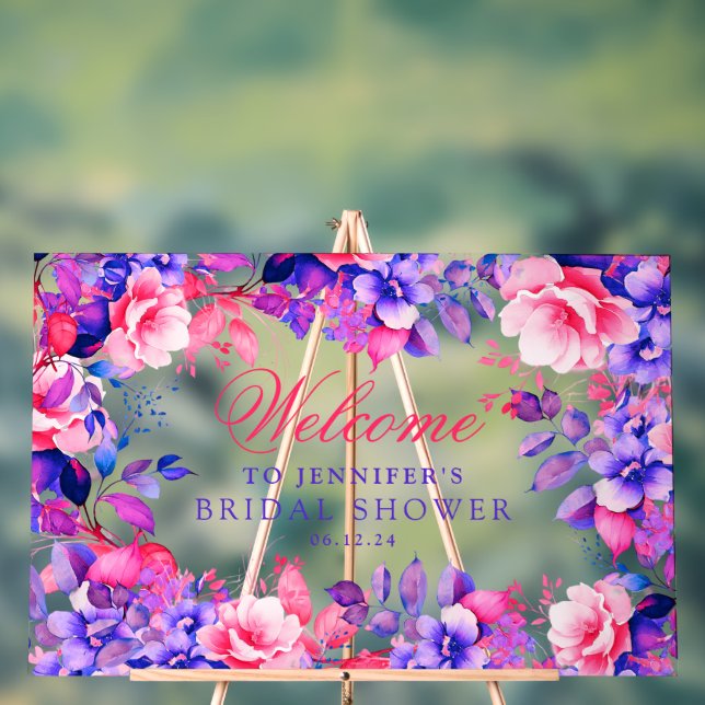 Elegant Purple Glam Floral Bridal Shower Welcome  Acrylic Sign (Neutral)