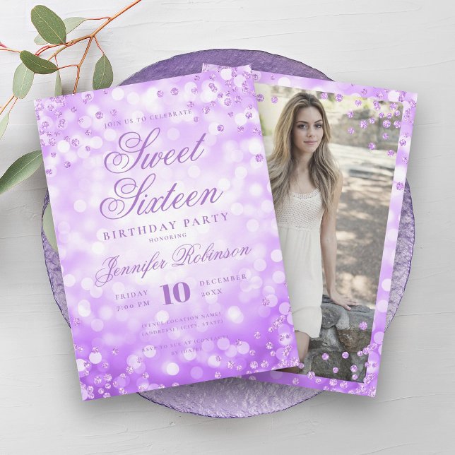 Elegant Purple Glam Lights Photo Sweet 16   Invitation (Elegant Purple Glam Lights Photo Sweet 16 Invitation)