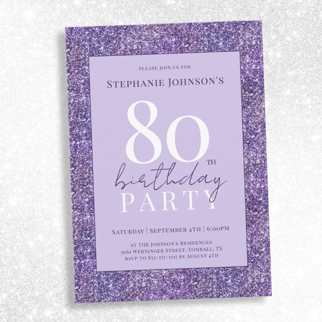 Elegant Purple Glitter 80th Birthday Party Invitation (Elegant Purple Glitter 80th Birthday Party Invitation)