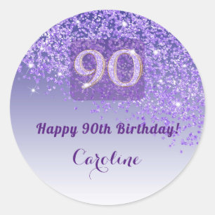 Elegant Purple Glitter 90th Birthday Favour  Classic Round Sticker