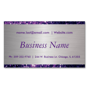 Elegant Purple Glitter and Brush Silver Steel Magnetic Business Card