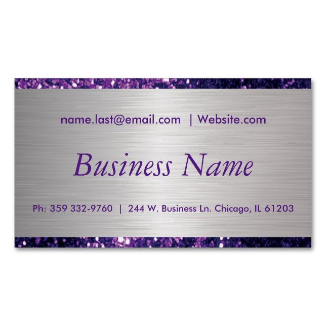 Elegant Purple Glitter and Brush Silver Steel Magnetic Business Card (Front)