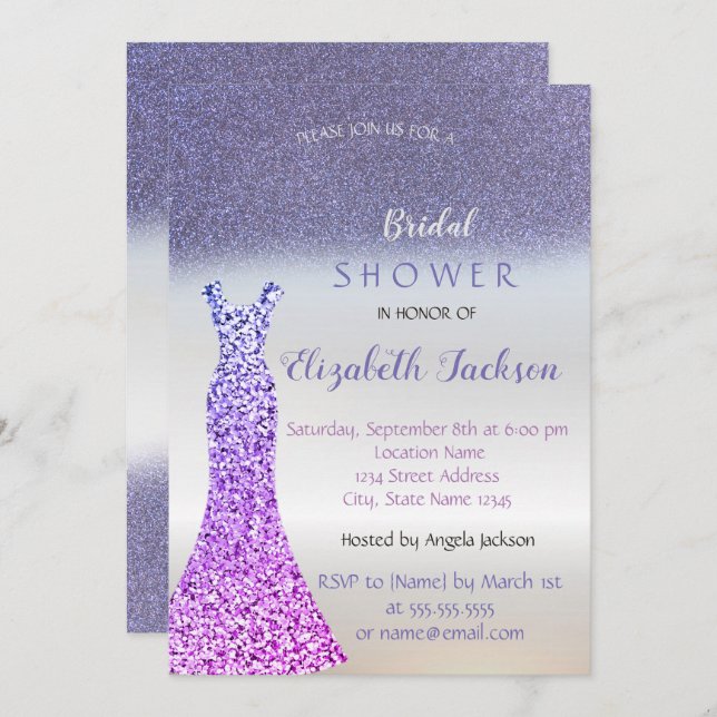 Elegant Purple Glitter Bokeh , Dress Bridal Shower Invitation (Front/Back)