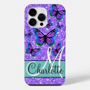 Elegant purple glitter butterflies monogram iPhone 14 pro max case