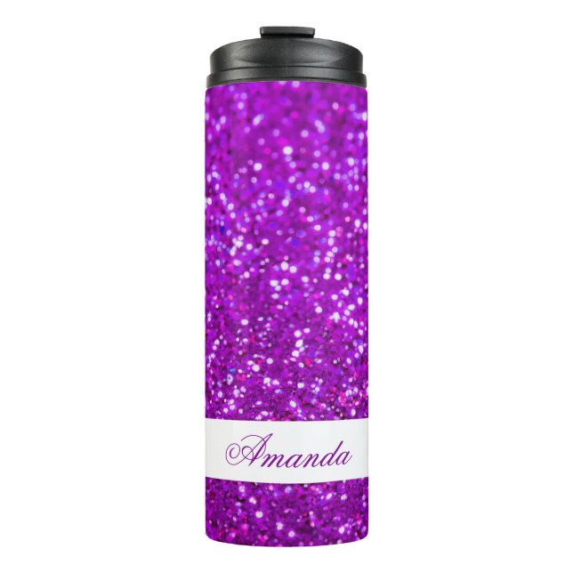 Elegant Purple Glitter Custom Name Thermal Tumbler (Front)
