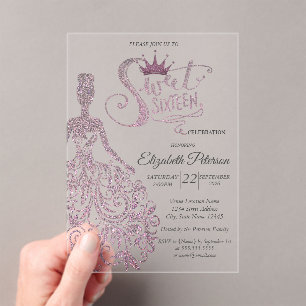 Elegant Purple Glitter Dress Sweet 16 Birthday Acrylic Invitations