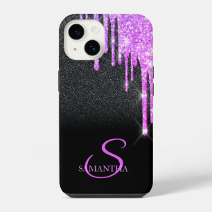 Elegant Purple Glitter Drips Black Glitter iPhone 14 Case