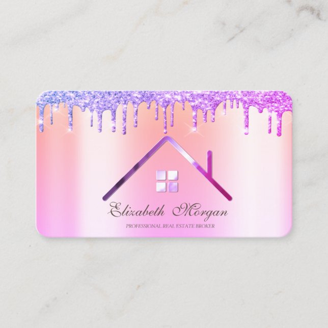 Elegant Purple Glitter Drips Roof Real Estate  Business Card (Front)