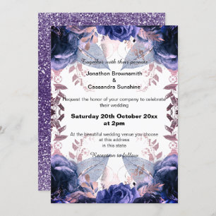 ELEGANT PURPLE GLITTER FLORAL NAVY WEDDING INVITATION