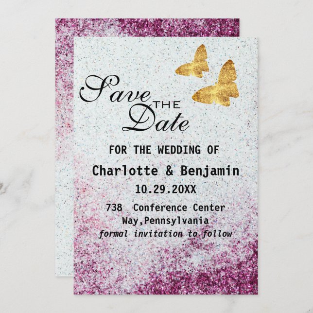 Elegant Purple Glitter  & Gold Butterfly Save The Date (Front/Back)