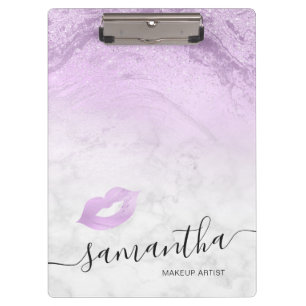 Elegant purple glitter lips marble makeup artist clipboard