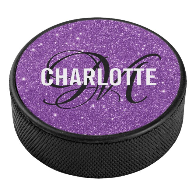 Elegant purple glitter monogram name hockey puck (3/4)