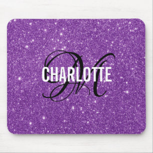 Elegant purple glitter monogram name mouse pad