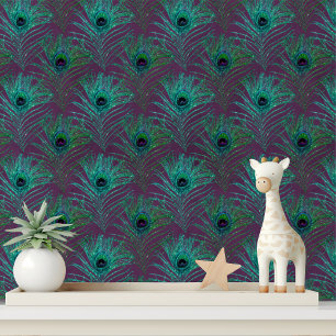 Elegant Purple Glitter Peacock Feathers Chic Wallpaper