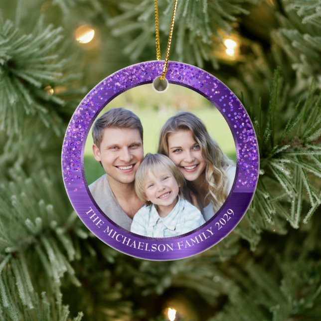 Elegant Purple Glitter Photo Metallic Christmas Ceramic Tree Decoration (Tree)